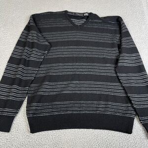 Jhanes Barnes Sweater Mens M Black Striped Wool Blend V Neck Long Sleeve Vintage